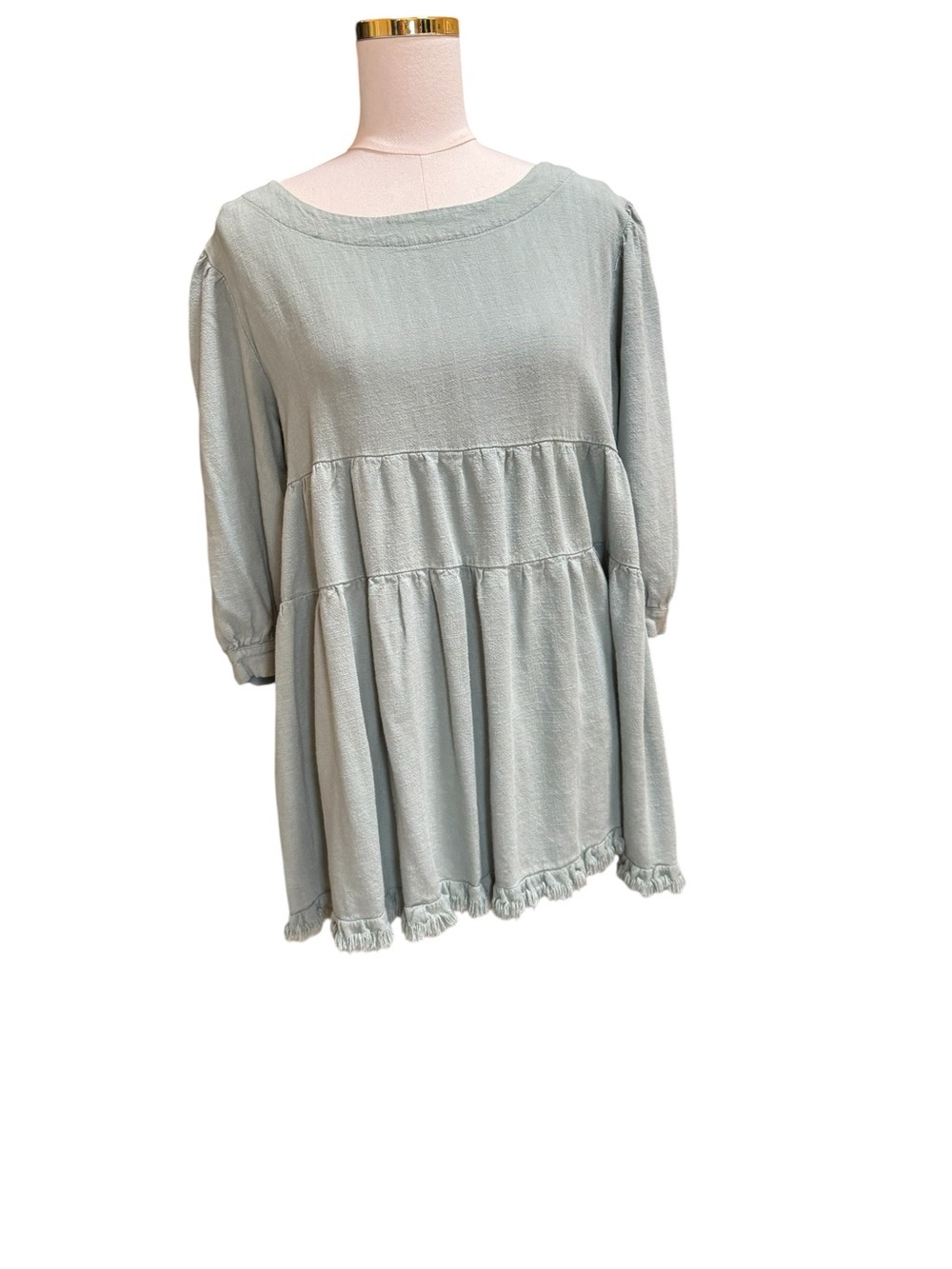 Umgee USA Sage Green Linen Blend Babydoll Tunic Top Size Large Boho Cottagecore
